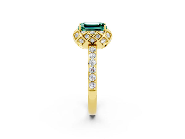 Yellow gold Emerald Cut Green Sapphire Scalloped Halo Engagement Ring with Round Shared Prong Band