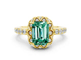 Yellow gold Emerald Cut Green Sapphire Scalloped Halo Engagement Ring with Round Shared Prong Band_24