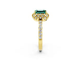 Yellow gold Emerald Cut Green Sapphire Scalloped Halo Engagement Ring with Round Shared Prong Band_26