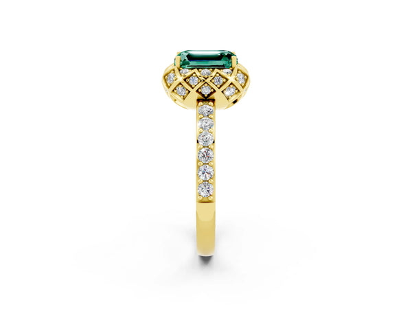 Yellow gold Emerald Cut Green Sapphire Scalloped Halo Engagement Ring with Round Shared Prong Band