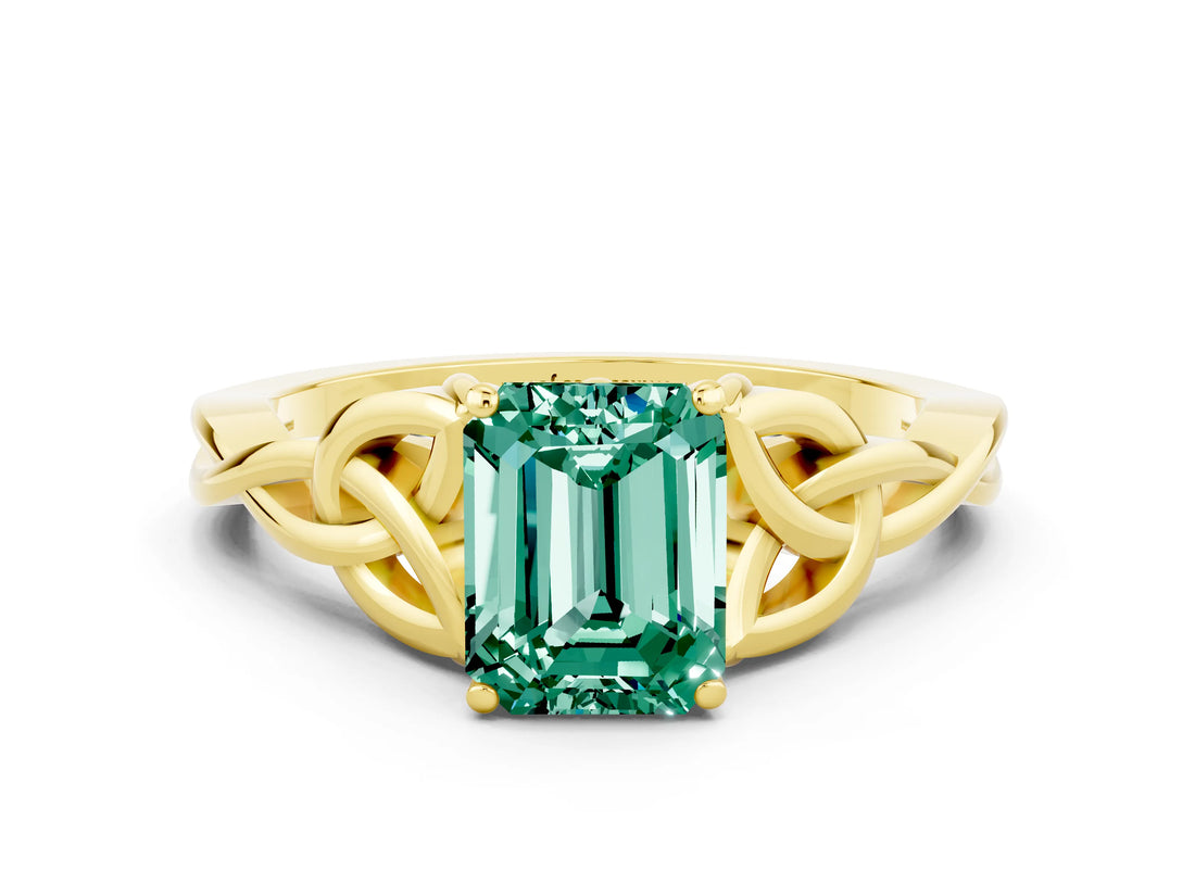 Yellow gold Emerald Cut Green Sapphire Solitaire Celtic Knot Ring with Four-Prong Setting_12