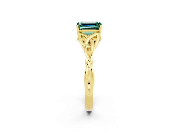 Yellow gold Emerald Cut Green Sapphire Solitaire Celtic Knot Ring with Four-Prong Setting