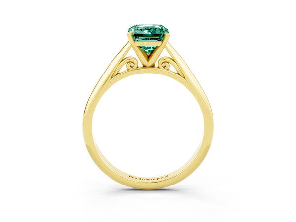 Yellow gold Emerald Cut Green Sapphire Solitaire Engagement Ring with Cathedral Setting and Four-Prong Mount