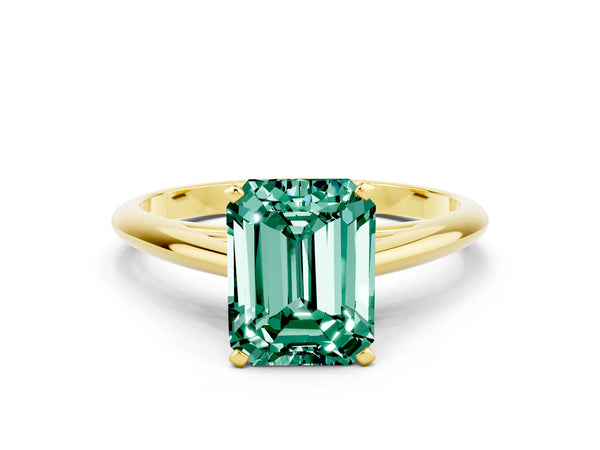 Yellow gold Emerald Cut Green Sapphire Solitaire Engagement Ring with Cathedral Setting and Four-Prong Mount