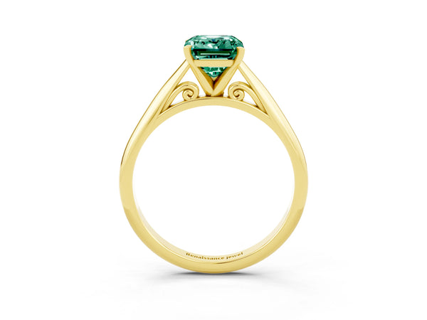 Yellow gold Emerald Cut Green Sapphire Solitaire Engagement Ring with Cathedral Setting and Four-Prong Mount
