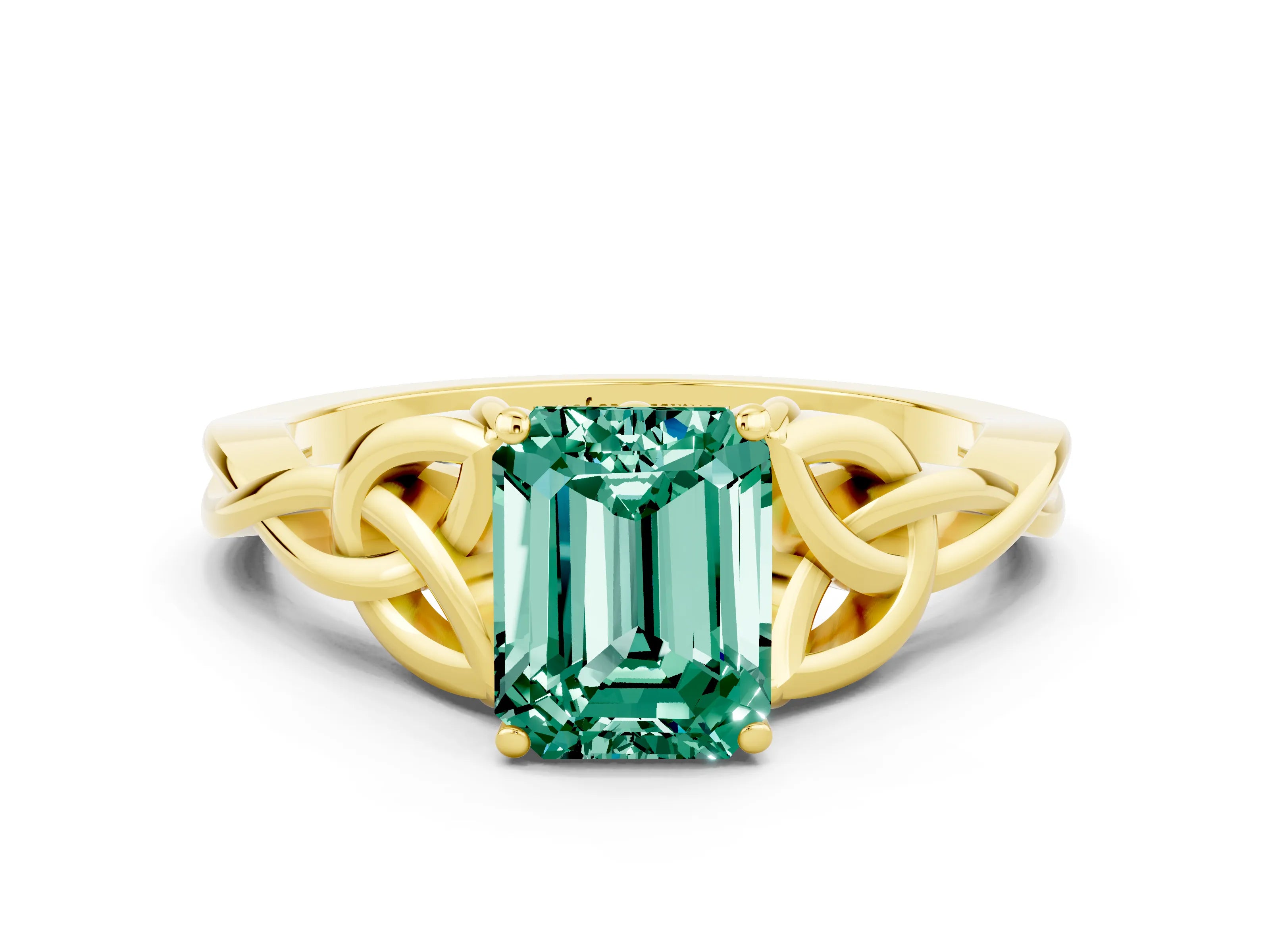 Yellow gold Emerald Cut Green Sapphire Solitaire Engagement Ring with Celtic Knot Band and Four-Prong Setting