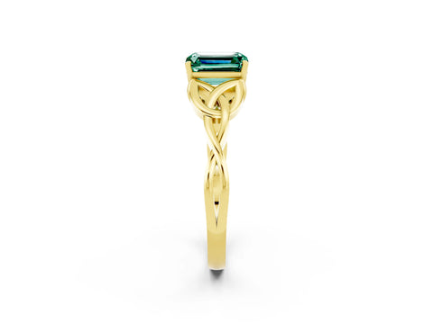 Yellow gold Emerald Cut Green Sapphire Solitaire Engagement Ring with Celtic Knot Band and Four-Prong Setting_2