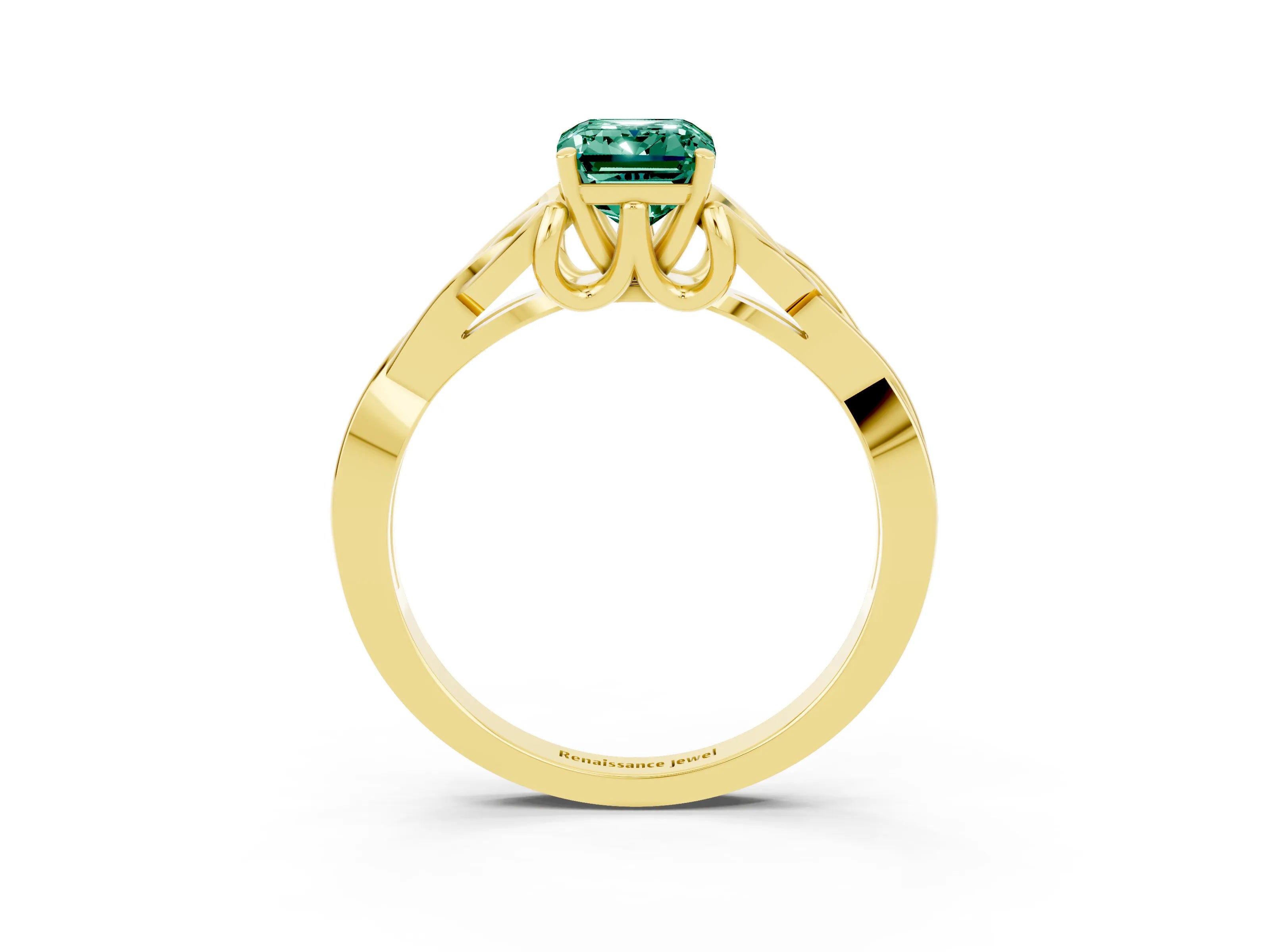 Yellow gold Emerald Cut Green Sapphire Solitaire Engagement Ring with Celtic Knot Band and Four-Prong Setting_3