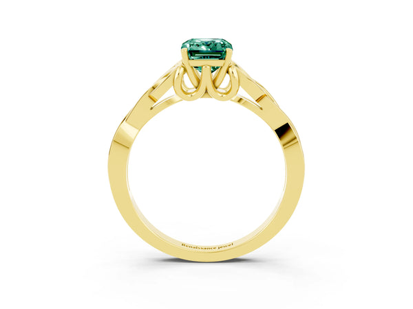 Yellow gold Emerald Cut Green Sapphire Solitaire Engagement Ring with Celtic Knot Band and Four-Prong Setting