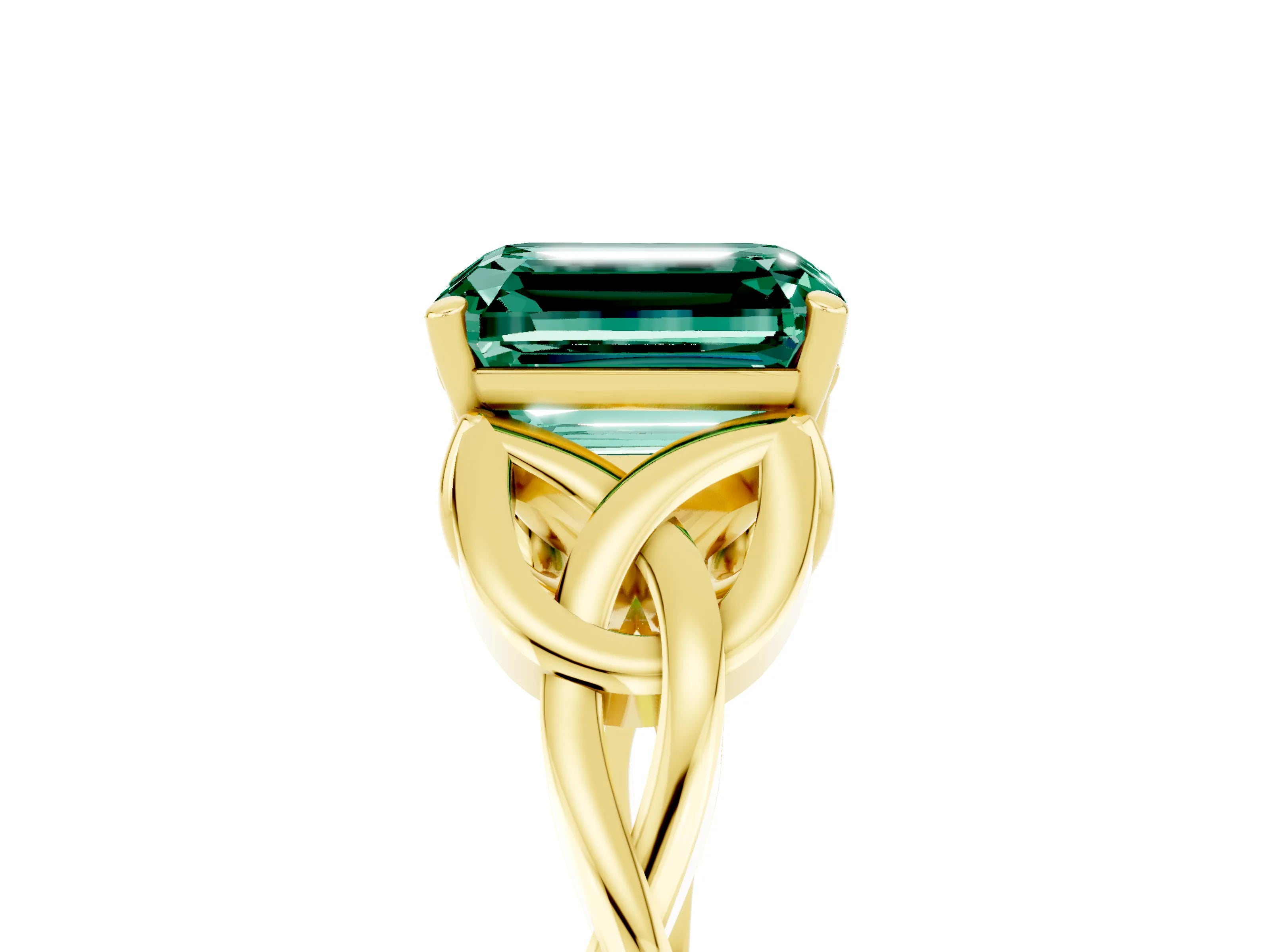 Yellow gold Emerald Cut Green Sapphire Solitaire Engagement Ring with Celtic Knot Band and Four-Prong Setting_5