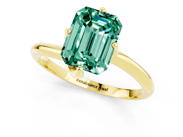 Yellow gold Emerald Cut Green Sapphire Solitaire Engagement Ring with Four-Prong Setting and Classic Band