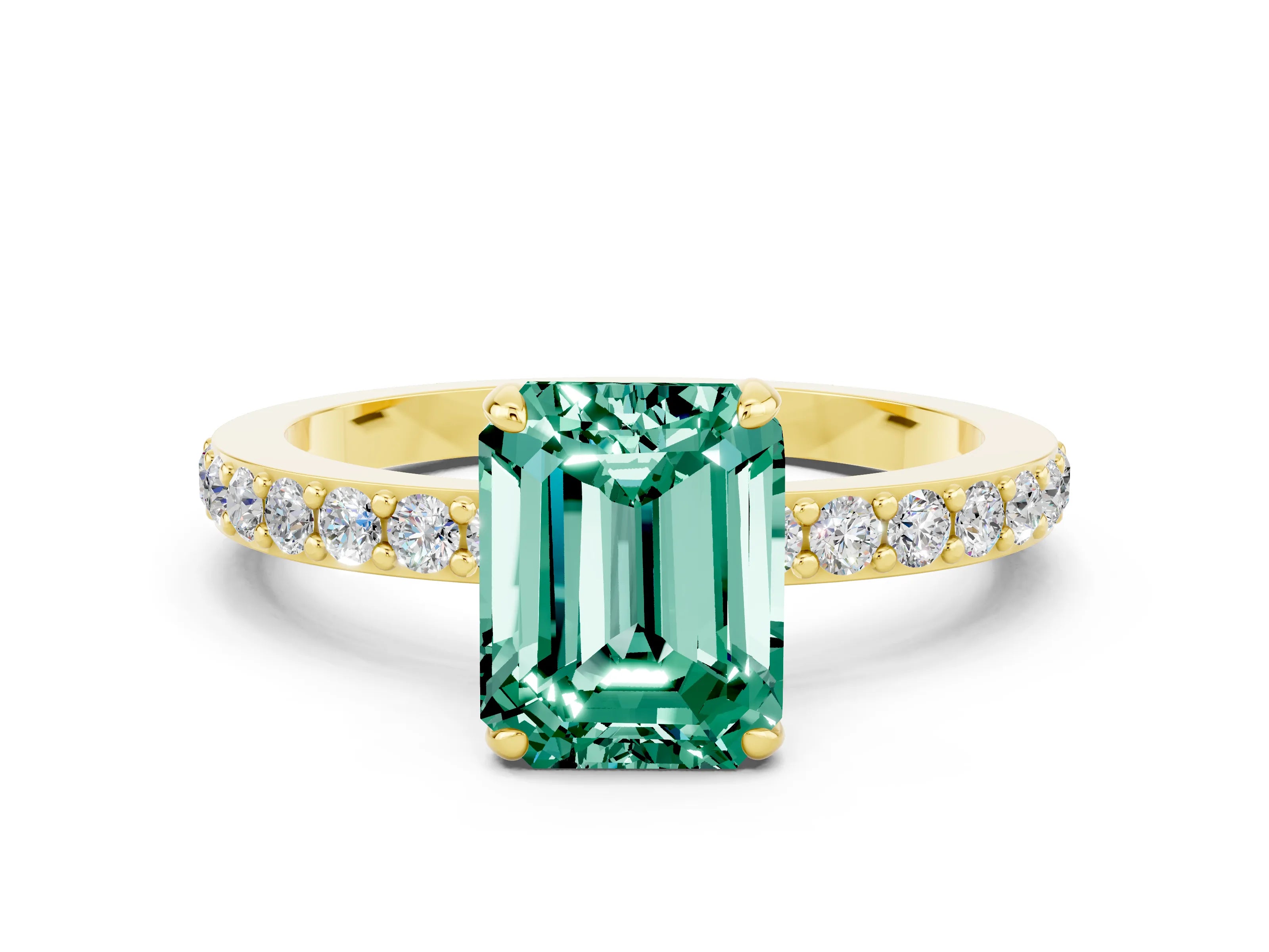Yellow gold Emerald Cut Green Sapphire Solitaire Engagement Ring with Pavé Band and Four-Prong Setting
