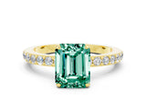 Yellow gold Emerald Cut Green Sapphire Solitaire Engagement Ring with Pavé Band and Four-Prong Setting