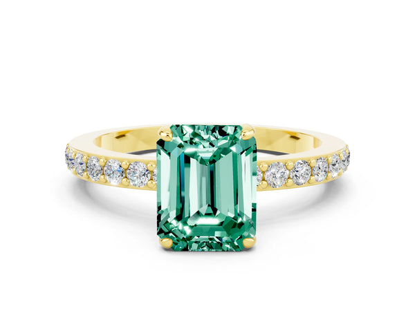 Yellow gold Emerald Cut Green Sapphire Solitaire Engagement Ring with Pavé Band and Four-Prong Setting