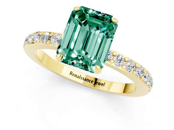 Yellow gold Emerald Cut Green Sapphire Solitaire Engagement Ring with Pavé Band and Four-Prong Setting