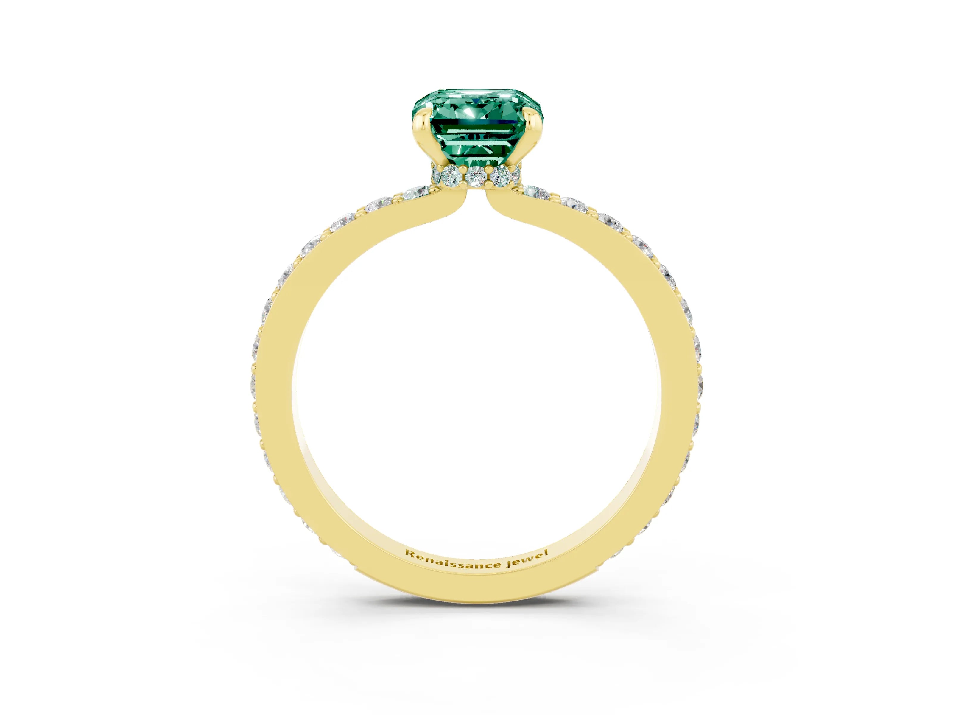 Yellow gold Emerald Cut Green Sapphire Solitaire Engagement Ring with Pavé Band and Four-Prong Setting_3