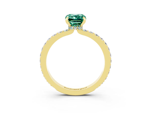 Yellow gold Emerald Cut Green Sapphire Solitaire Engagement Ring with Pavé Band and Four-Prong Setting