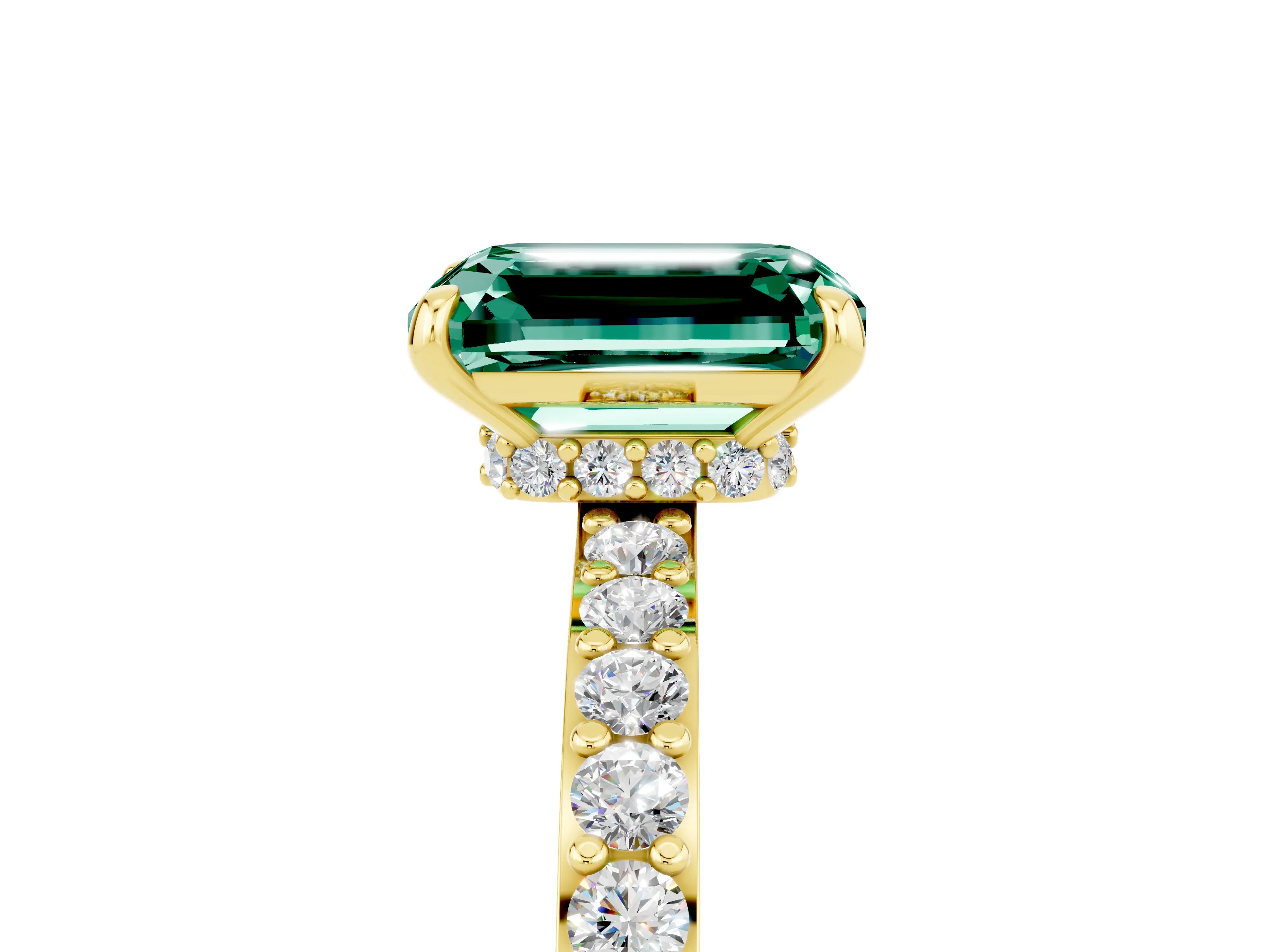 Yellow gold Emerald Cut Green Sapphire Solitaire Engagement Ring with Pavé Band and Four-Prong Setting_5