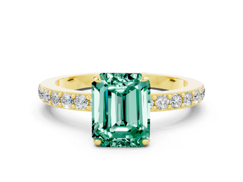 Yellow gold Emerald Cut Green Sapphire Solitaire Engagement Ring with Pavé Band and Four-Prong Setting
