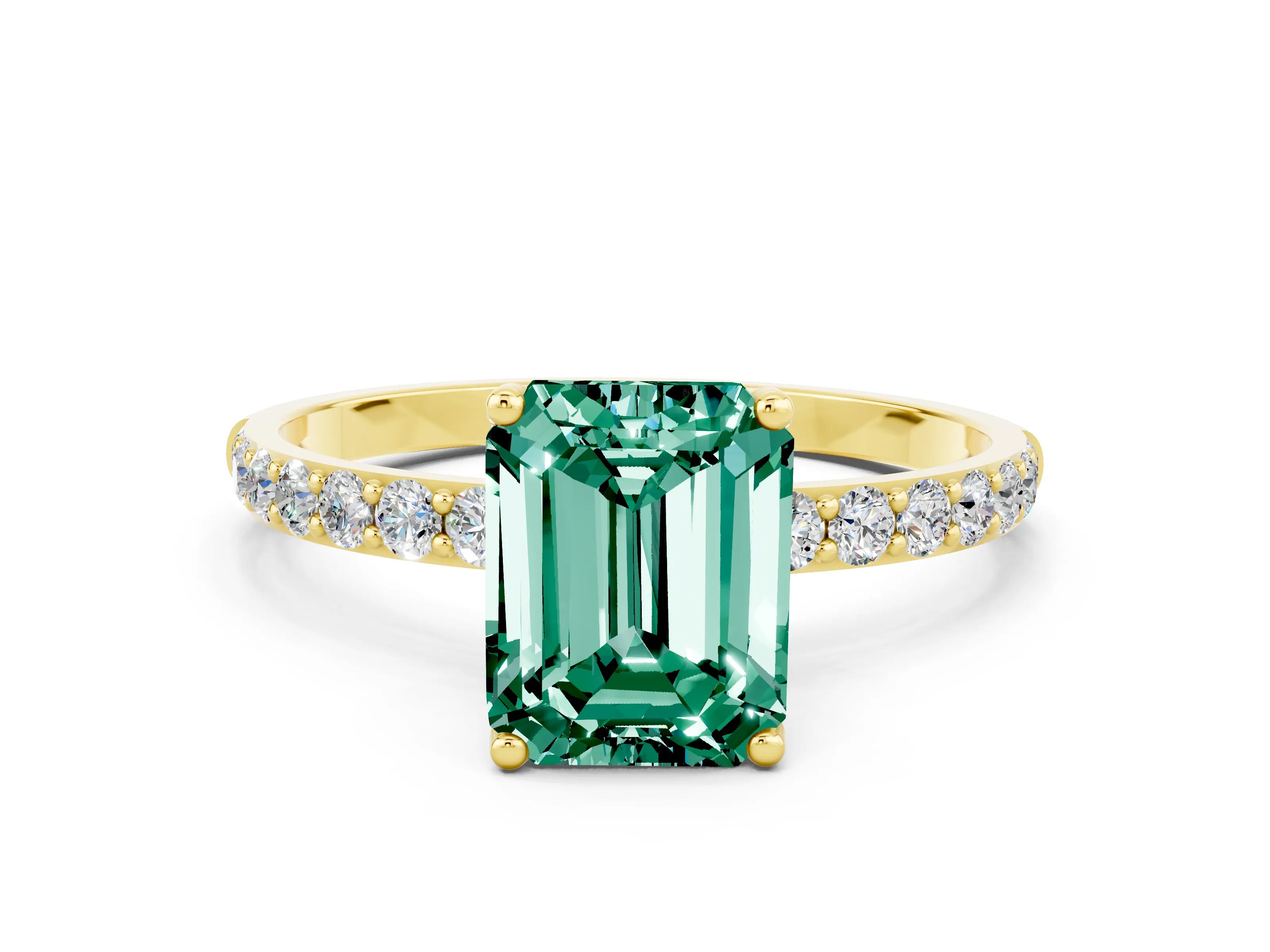 Yellow gold Emerald Cut Green Sapphire Solitaire Engagement Ring with Pavé Band and Prong Setting