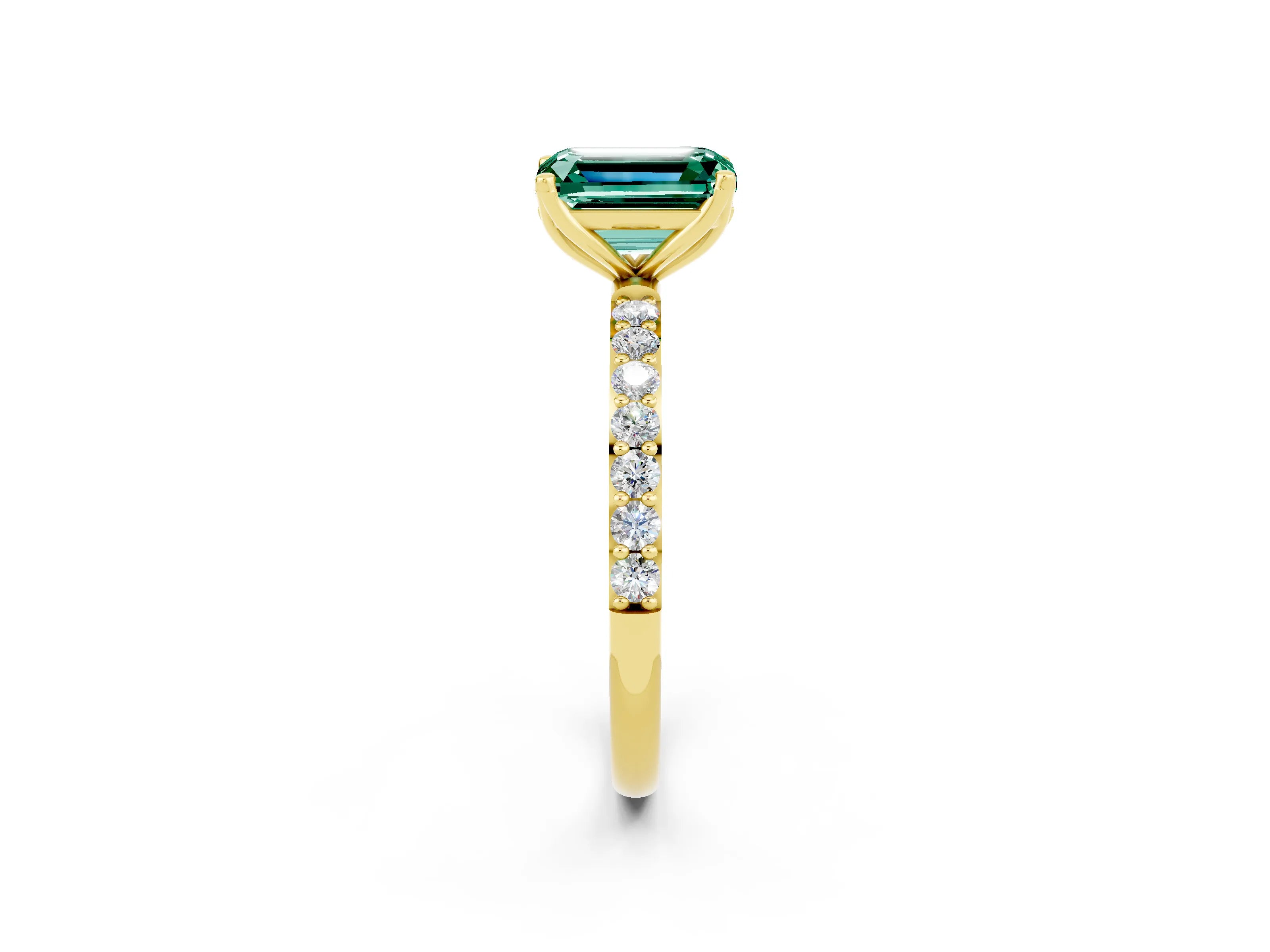 Yellow gold Emerald Cut Green Sapphire Solitaire Engagement Ring with Pavé Band and Prong Setting_2