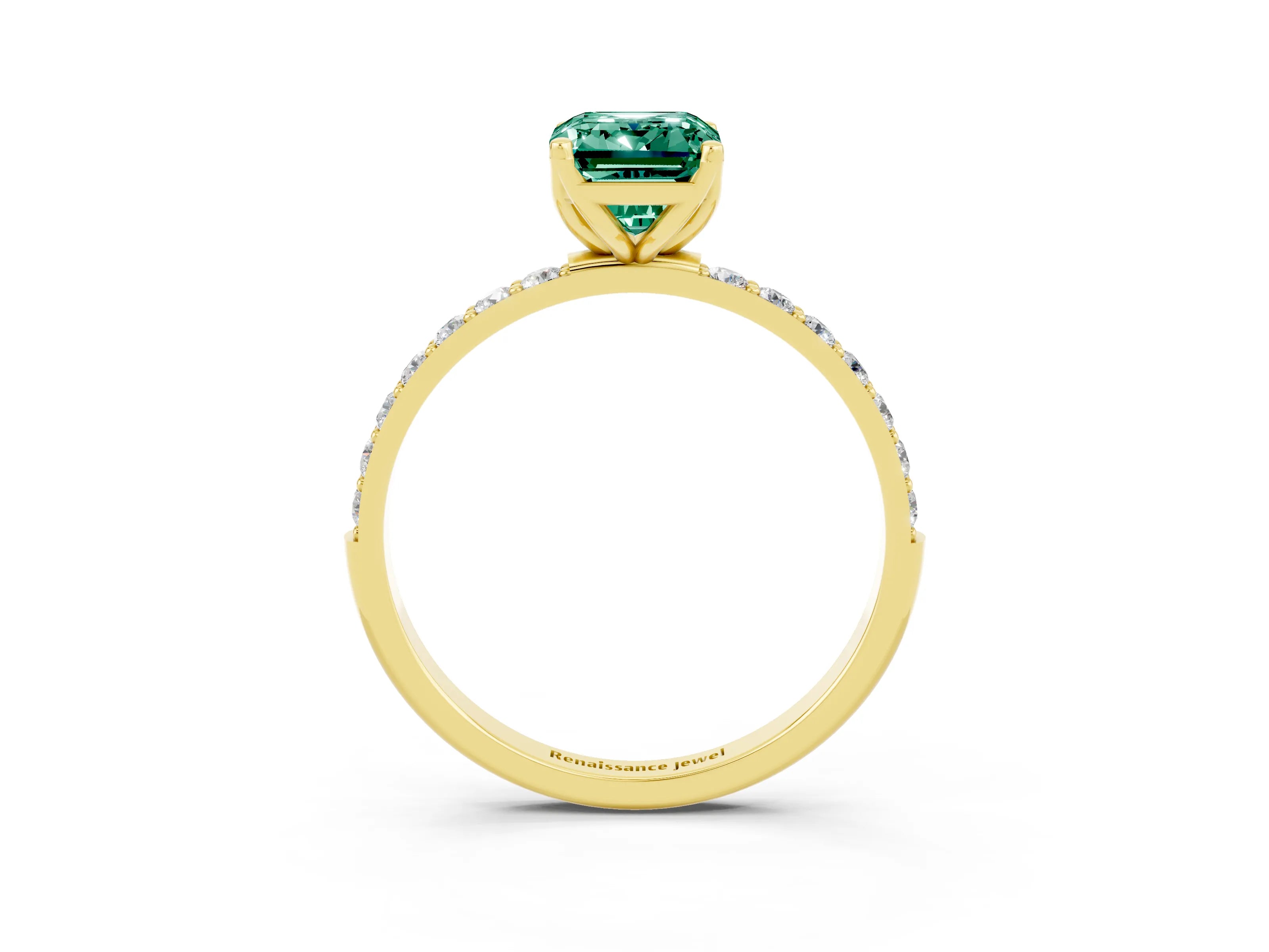 Yellow gold Emerald Cut Green Sapphire Solitaire Engagement Ring with Pavé Band and Prong Setting_3