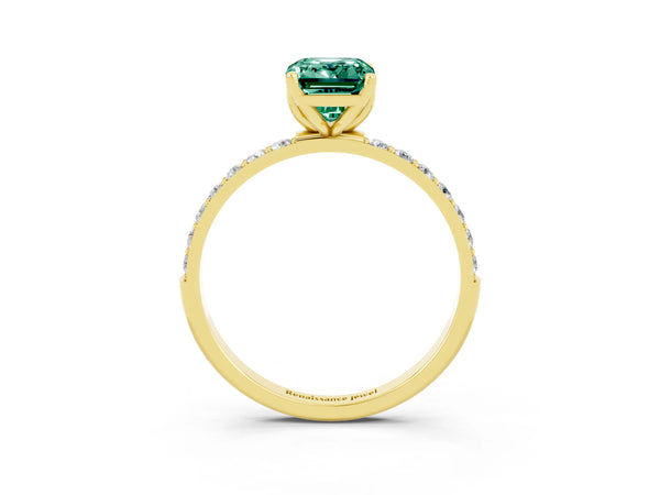 Yellow gold Emerald Cut Green Sapphire Solitaire Engagement Ring with Round  Pavé Band and Prong Setting
