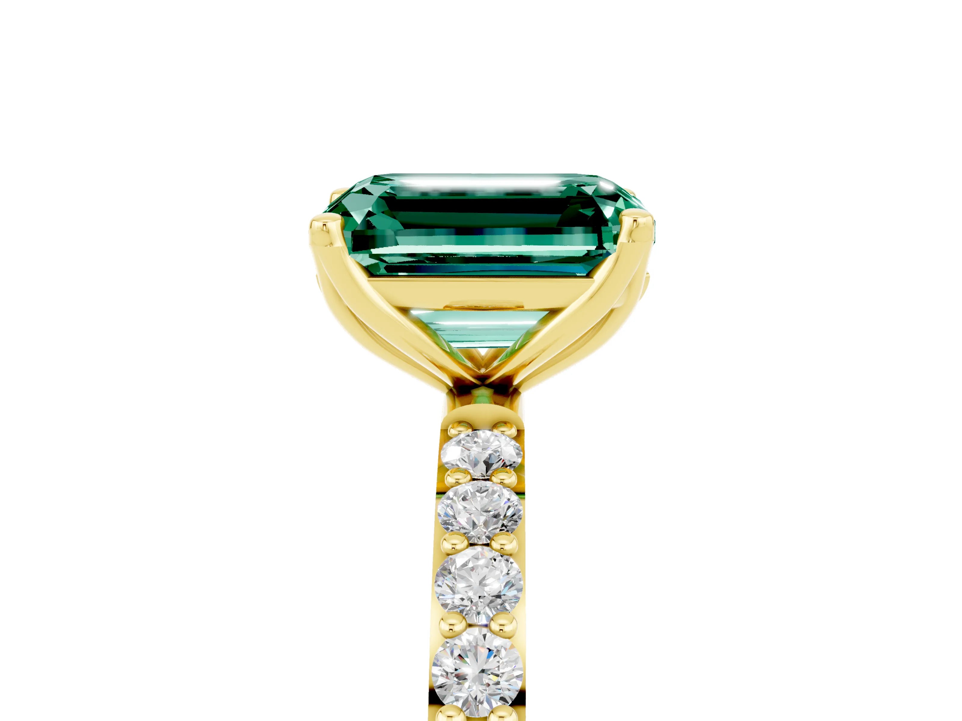 Yellow gold Emerald Cut Green Sapphire Solitaire Engagement Ring with Pavé Band and Prong Setting_5