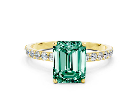 Yellow gold Emerald Cut Green Sapphire Solitaire Engagement Ring with Pavé Band and Prong Setting