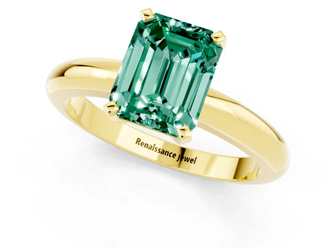 Yellow gold Emerald Cut Green Sapphire Solitaire Engagement Ring with Round Band and Four-Prong Setting_1