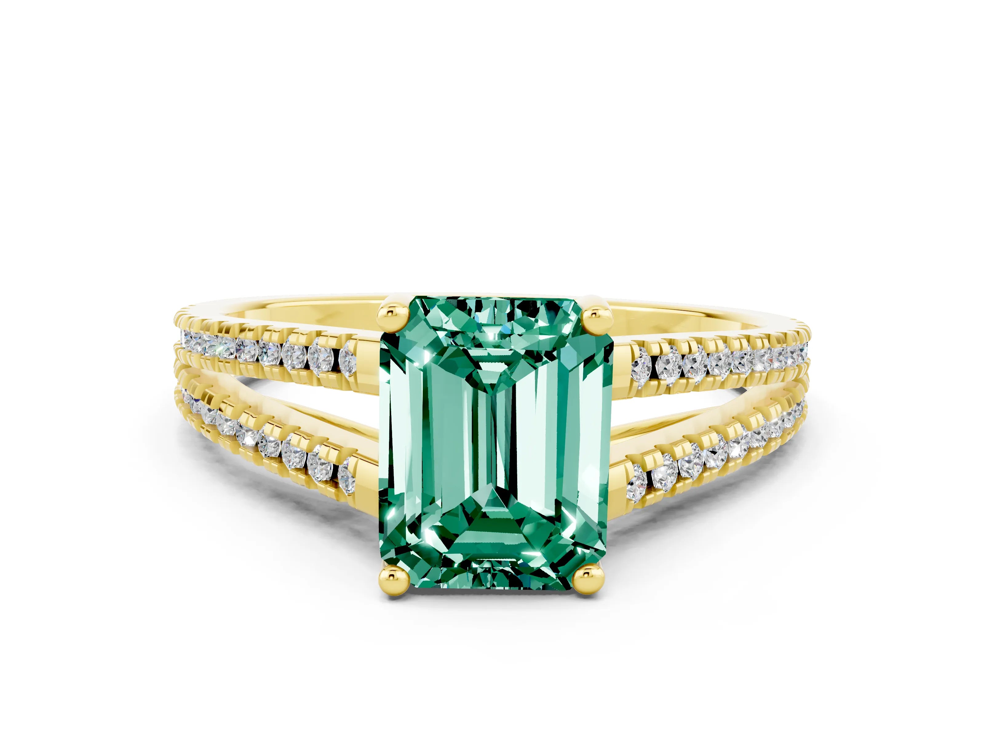 Yellow gold Emerald Cut Green Sapphire Solitaire Engagement Ring with Split Shank Pavé Band