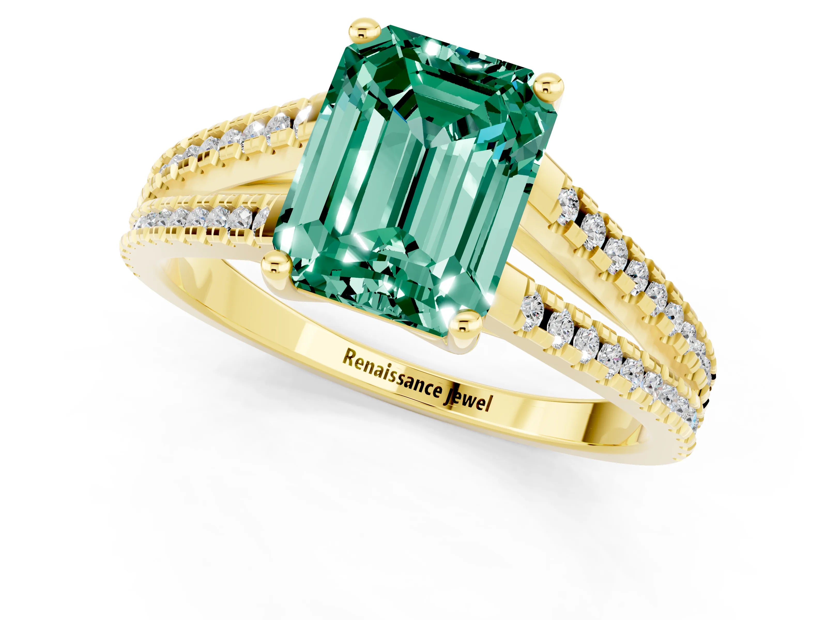 Yellow gold Emerald Cut Green Sapphire Solitaire Engagement Ring with Split Shank Pavé Band_1