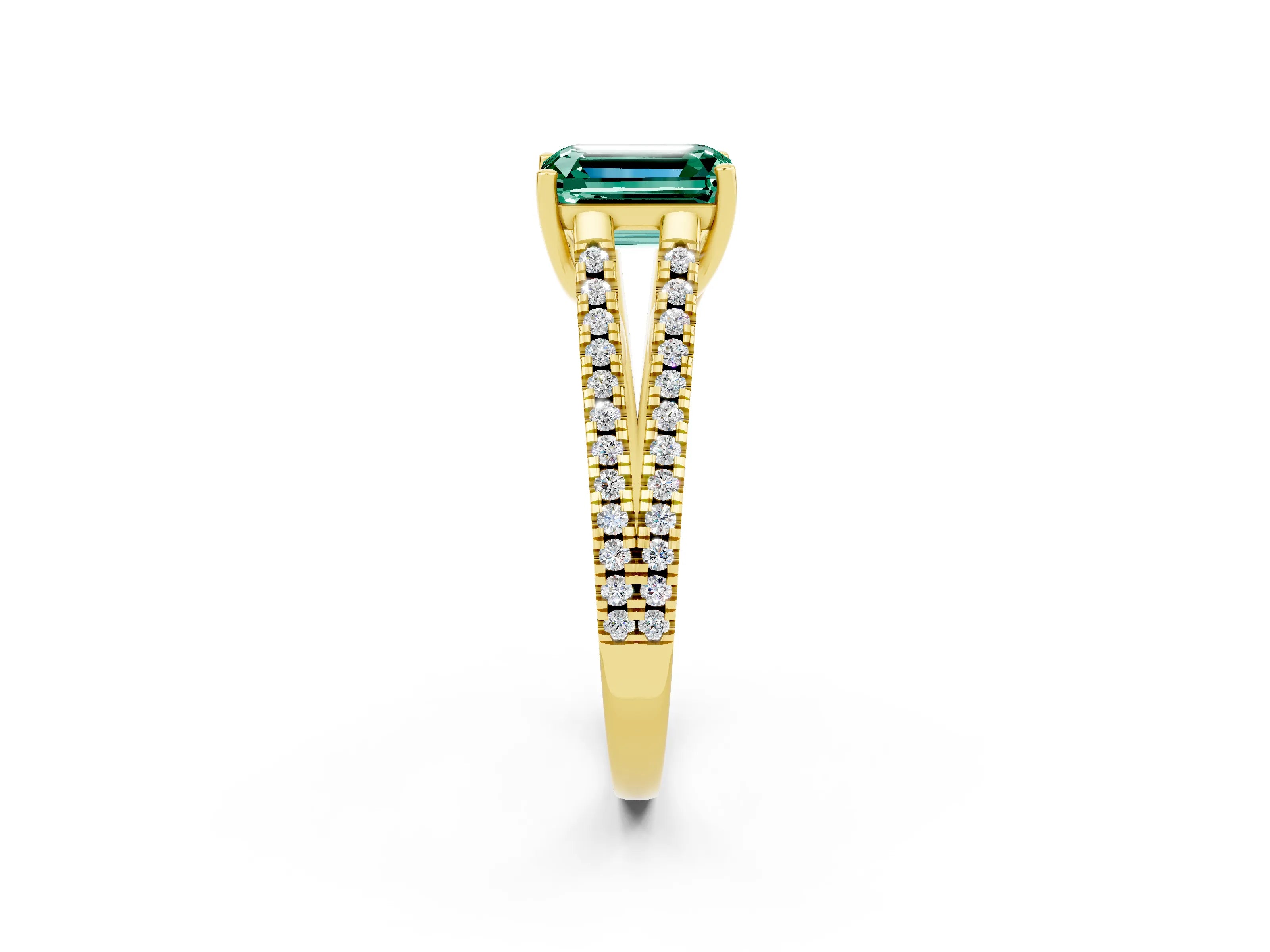Yellow gold Emerald Cut Green Sapphire Solitaire Engagement Ring with Split Shank Pavé Band_2