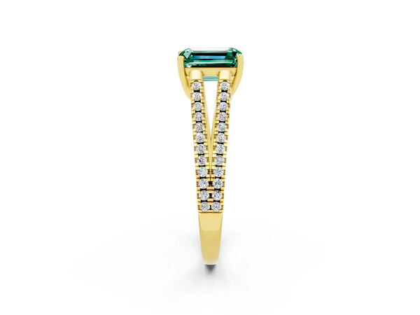 Yellow gold Emerald Cut Green Sapphire Solitaire Engagement Ring with Split Shank Pavé Band