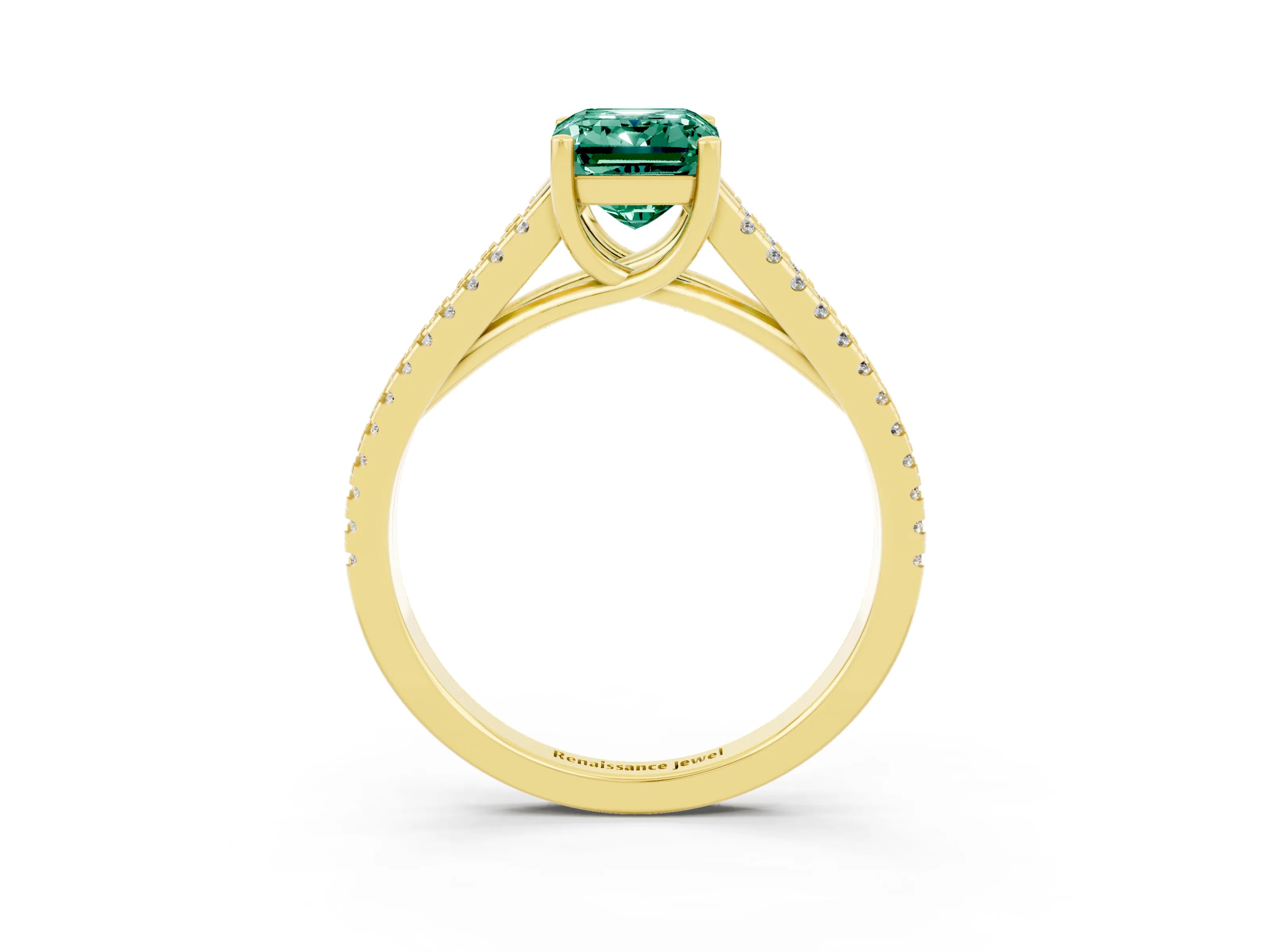 Yellow gold Emerald Cut Green Sapphire Solitaire Engagement Ring with Split Shank Pavé Band_3