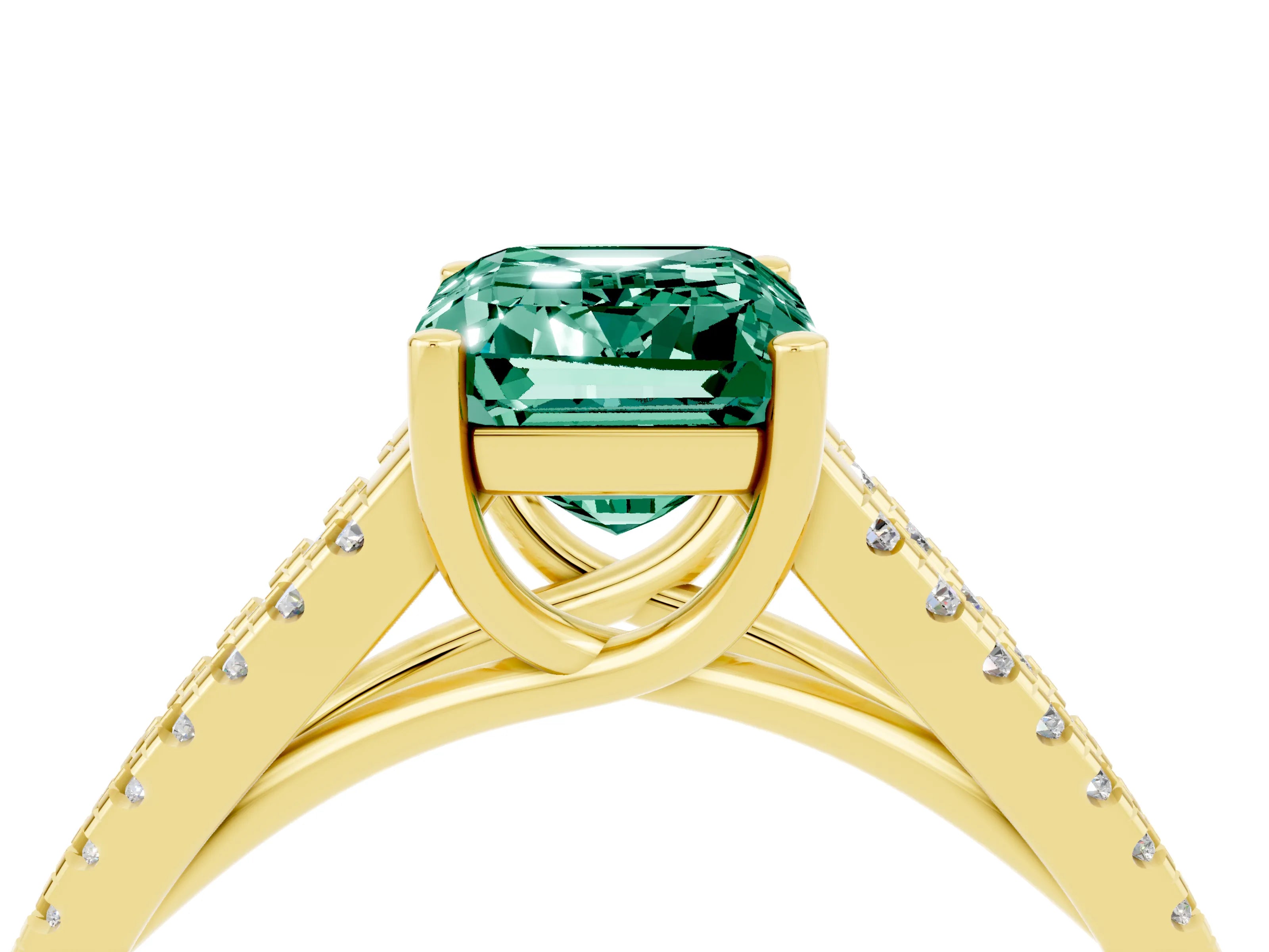 Yellow gold Emerald Cut Green Sapphire Solitaire Engagement Ring with Split Shank Pavé Band_4