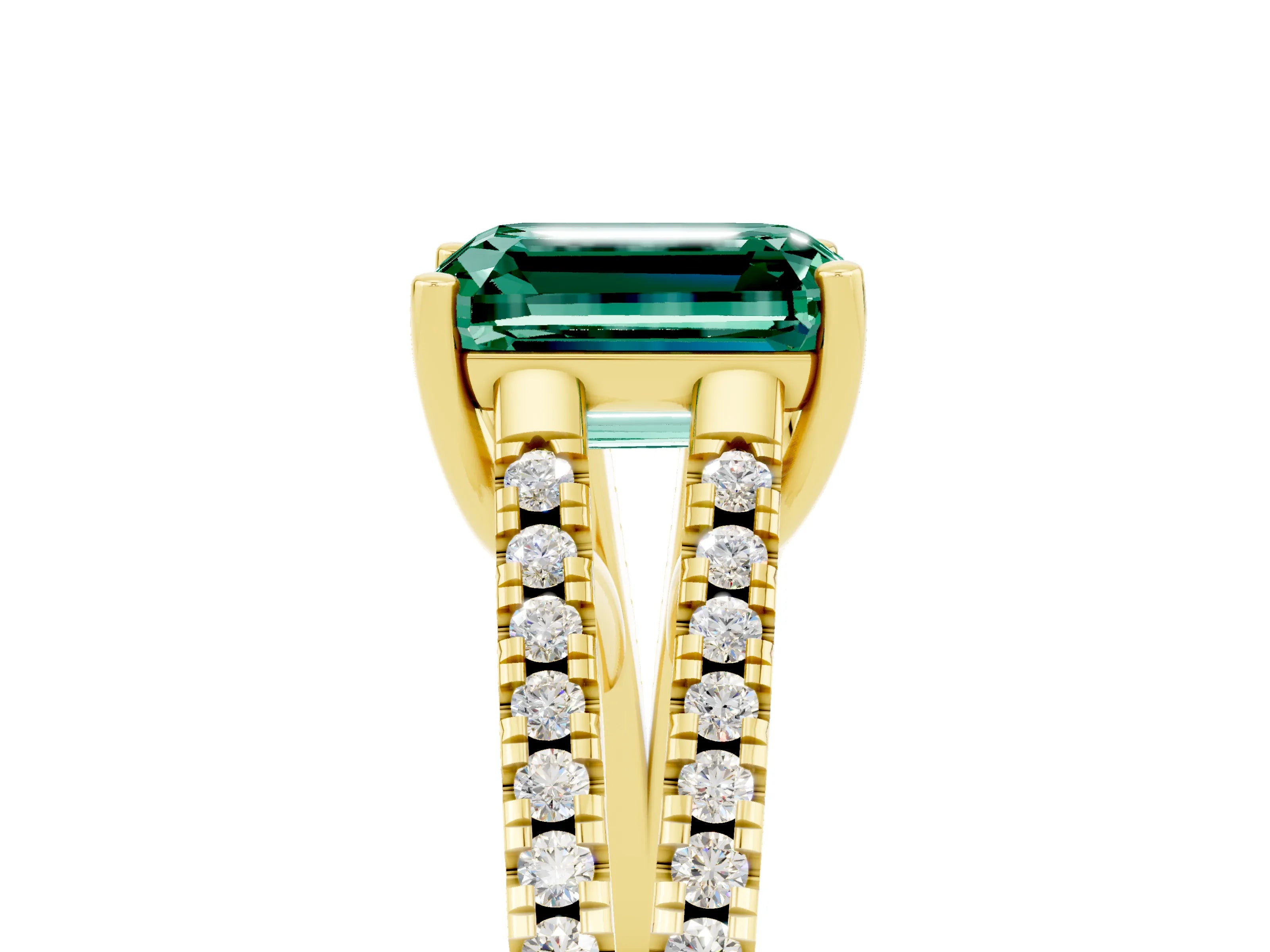 Yellow gold Emerald Cut Green Sapphire Solitaire Engagement Ring with Split Shank Pavé Band_5