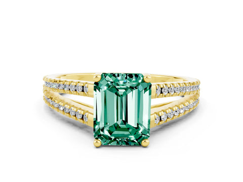 Yellow gold Emerald Cut Green Sapphire Solitaire Engagement Ring with Split Shank Pavé Band
