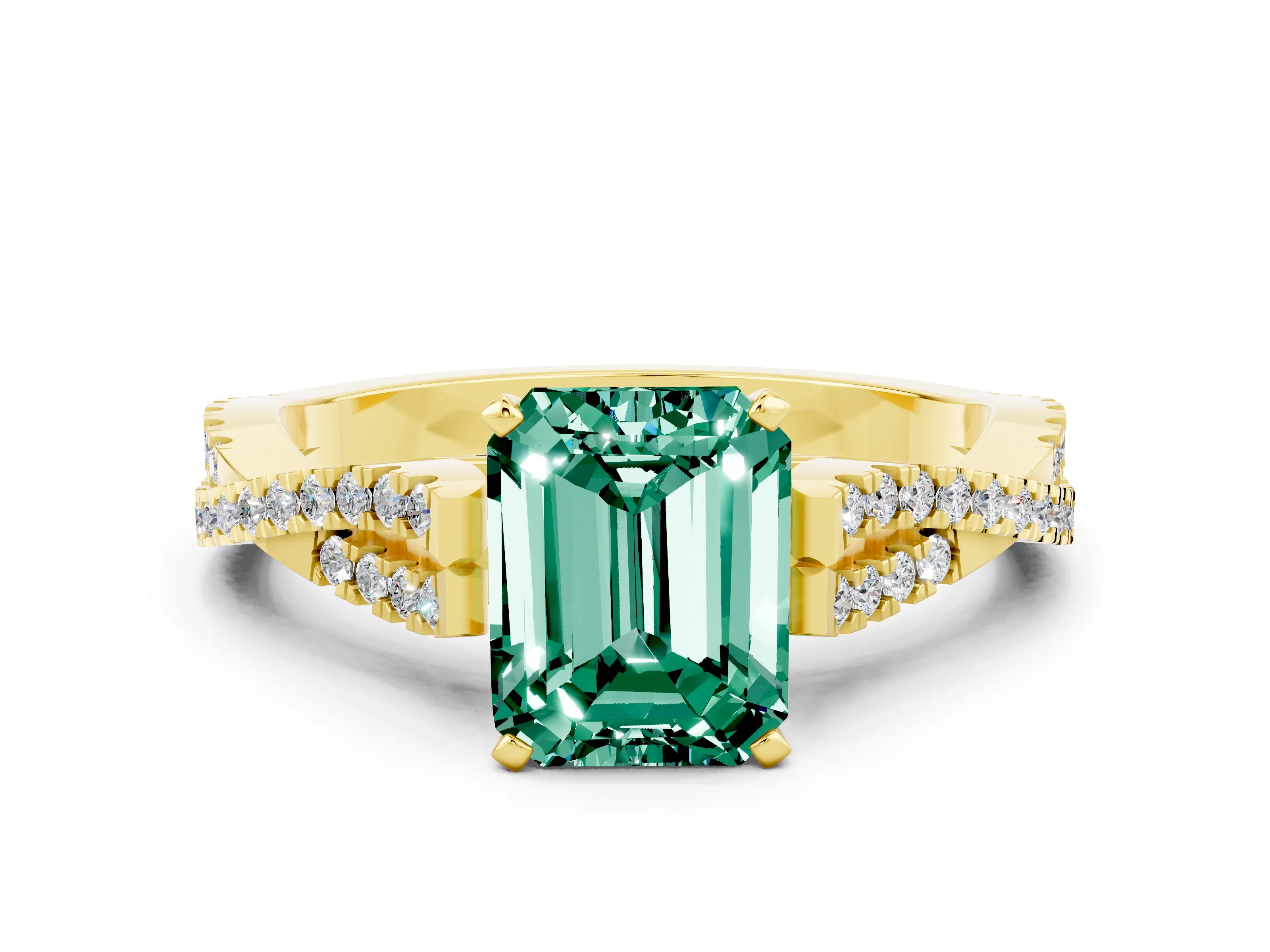 Yellow gold Emerald Cut Green Sapphire Solitaire Engagement Ring with Twisted Pavé Band and Four-Prong Setting