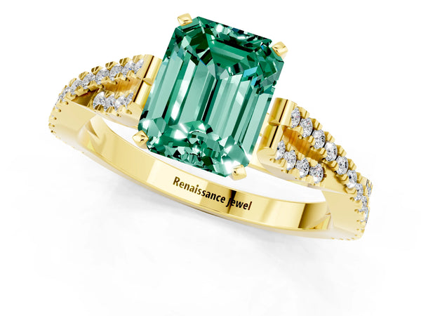 Yellow gold Emerald Cut Green Sapphire Solitaire Engagement Ring with Twisted Pavé Band and Four-Prong Setting