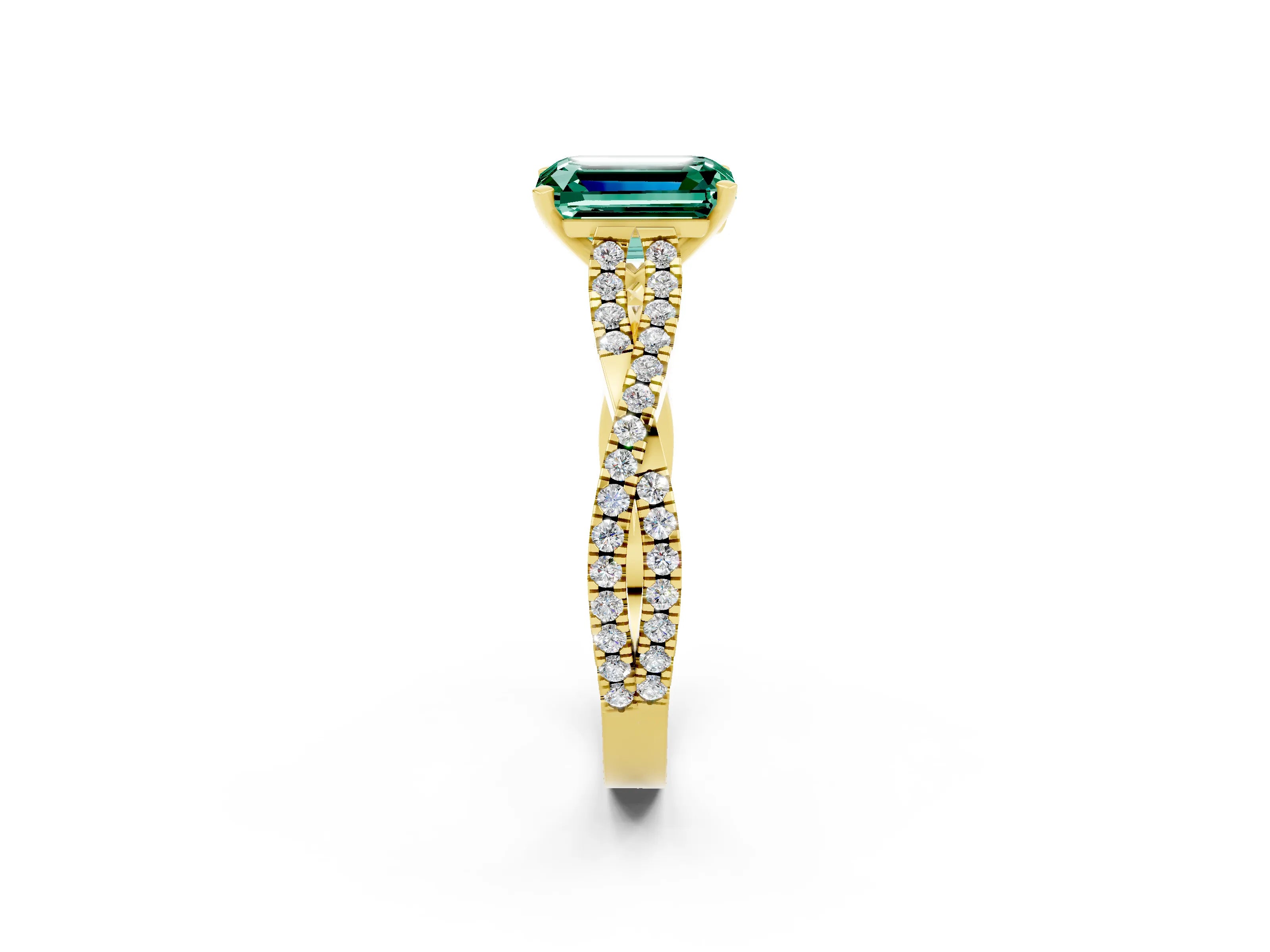 Yellow gold Emerald Cut Green Sapphire Solitaire Engagement Ring with Twisted Pavé Band and Four-Prong Setting_2