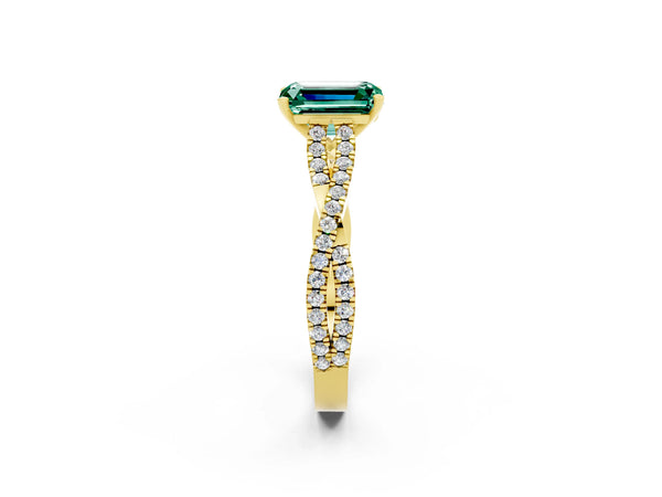 Yellow gold Emerald Cut Green Sapphire Solitaire Engagement Ring with Twisted Pavé Band and Four-Prong Setting