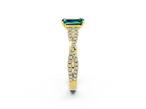 Yellow gold Emerald Cut Green Sapphire Solitaire Engagement Ring with Twisted Pavé Band and Four-Prong Setting_2