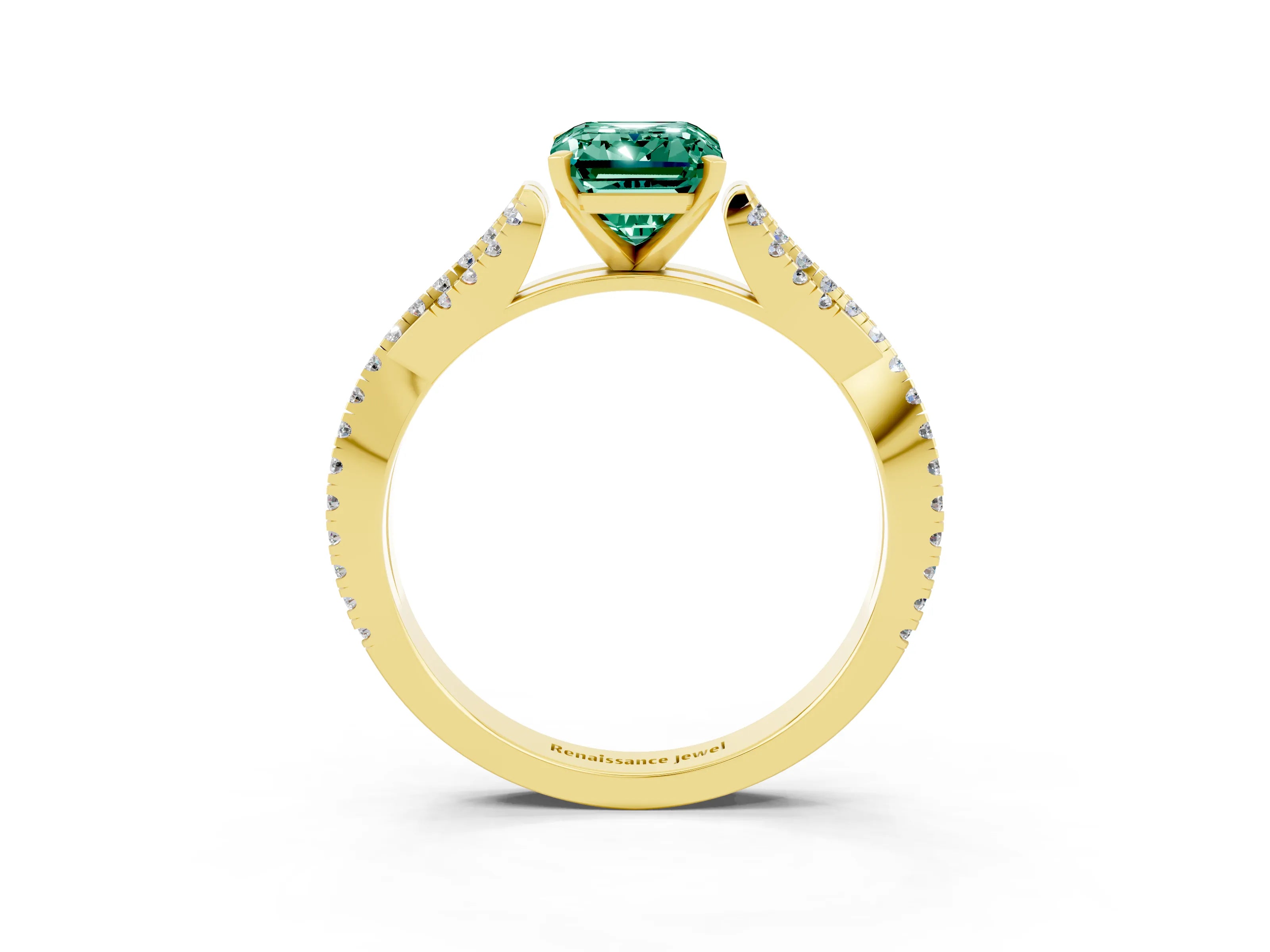 Yellow gold Emerald Cut Green Sapphire Solitaire Engagement Ring with Twisted Pavé Band and Four-Prong Setting_3