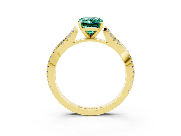 Yellow gold Emerald Cut Green Sapphire Solitaire Engagement Ring with Twisted Pavé Band and Four-Prong Setting