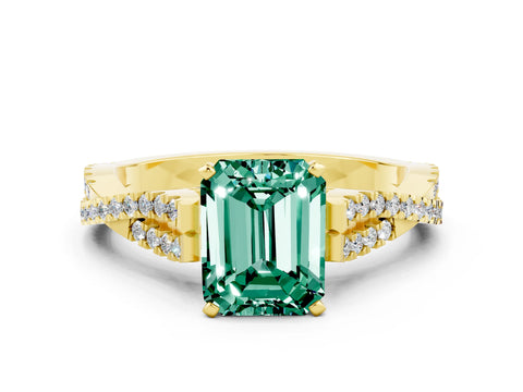 Yellow gold Emerald Cut Green Sapphire Solitaire Engagement Ring with Twisted Pavé Band and Four-Prong Setting
