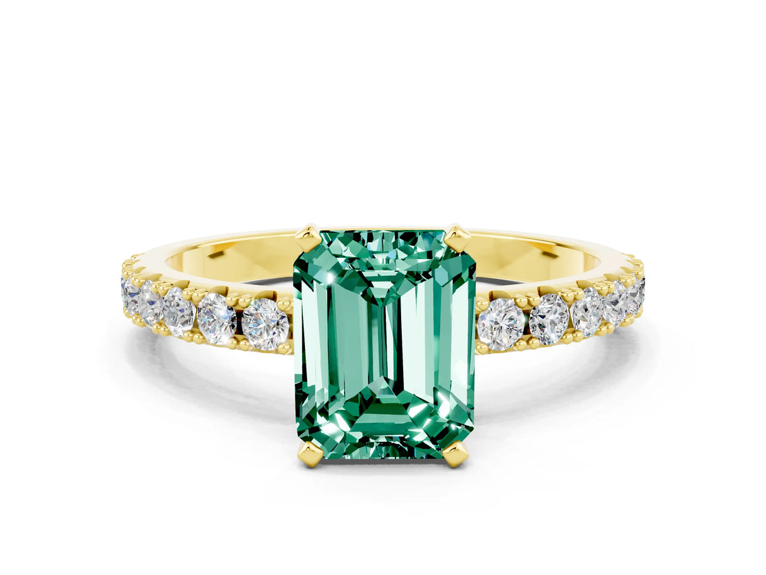 Yellow gold Emerald Cut Green Sapphire Solitaire Pavé Band with Four-Prong Setting