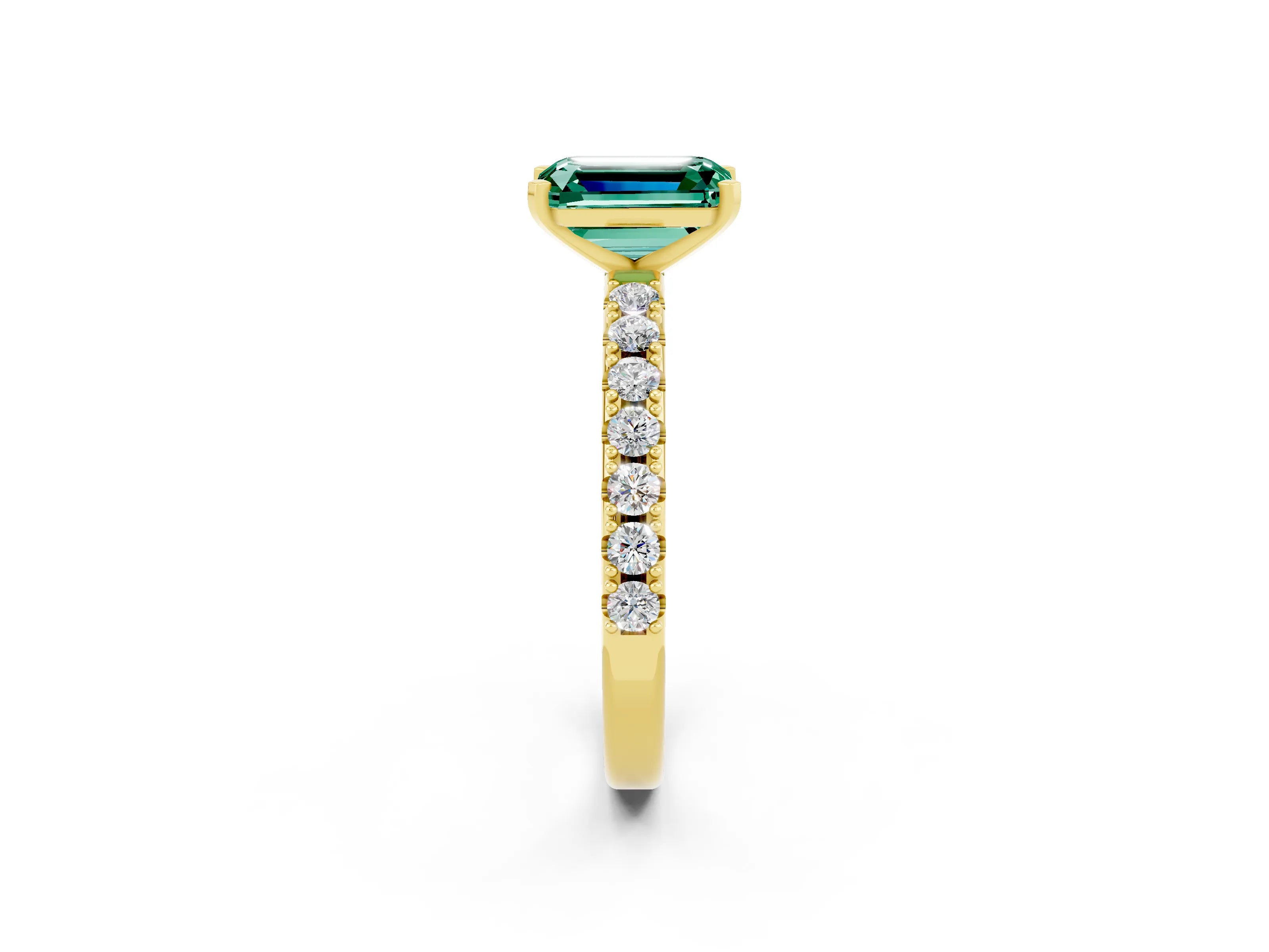Yellow gold Emerald Cut Green Sapphire Solitaire Pavé Band with Four-Prong Setting_2