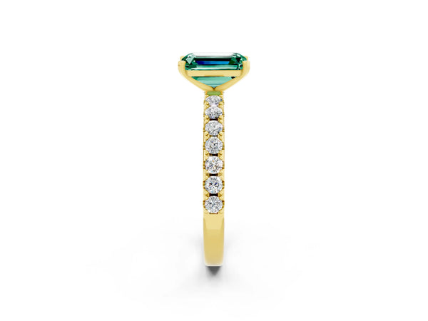 Yellow gold Emerald Cut Green Sapphire Solitaire Pavé Band with Four-Prong Setting