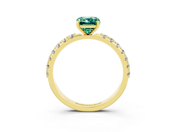 Yellow gold Emerald Cut Green Sapphire Solitaire Pavé Band with Four-Prong Setting